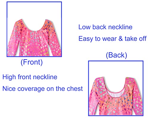 Domusgo Leotard for Girls Gymnastics Size 7-8 Years Old One Piece Shiny Pink Long Sleeve Neon Heart Outfits - Image 3