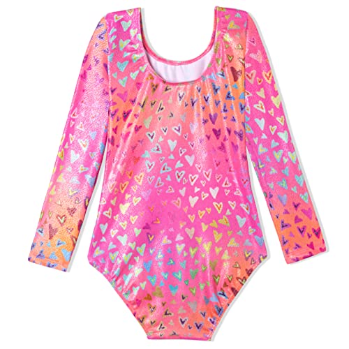 Domusgo Leotard for Girls Gymnastics Size 7-8 Years Old One Piece Shiny Pink Long Sleeve Neon Heart Outfits - Image 2