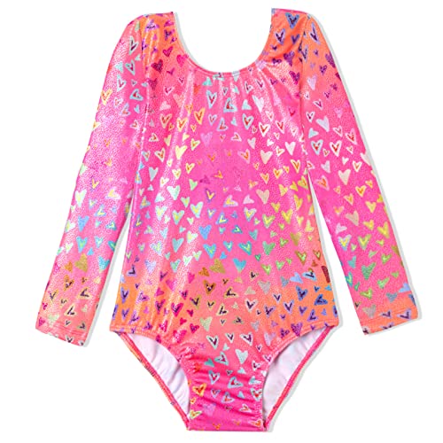 Domusgo Leotard for Girls Gymnastics Size 7-8 Years Old One Piece Shiny Pink Long Sleeve Neon Heart Outfits - Image 1