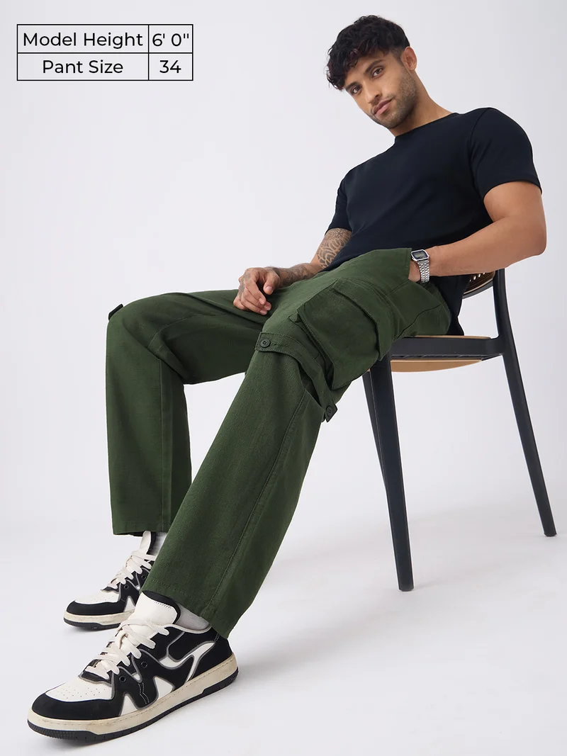 The Souled Store  Utility Line: Textured Cargo Pants Men and Boys Buttoned Waistband Dark Olive Green Solid Cotton Spandex Straight Fit Durable Everyday Urban Casual Cargos  | Best Price UAE