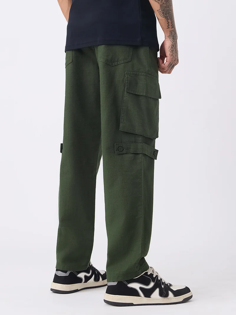 The Souled Store  Utility Line: Textured Cargo Pants Men and Boys Buttoned Waistband Dark Olive Green Solid Cotton Spandex Straight Fit Durable Everyday Urban Casual Cargos  | Best Price UAE
