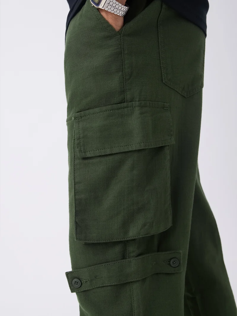 The Souled Store  Utility Line: Textured Cargo Pants Men and Boys Buttoned Waistband Dark Olive Green Solid Cotton Spandex Straight Fit Durable Everyday Urban Casual Cargos  | Best Price UAE