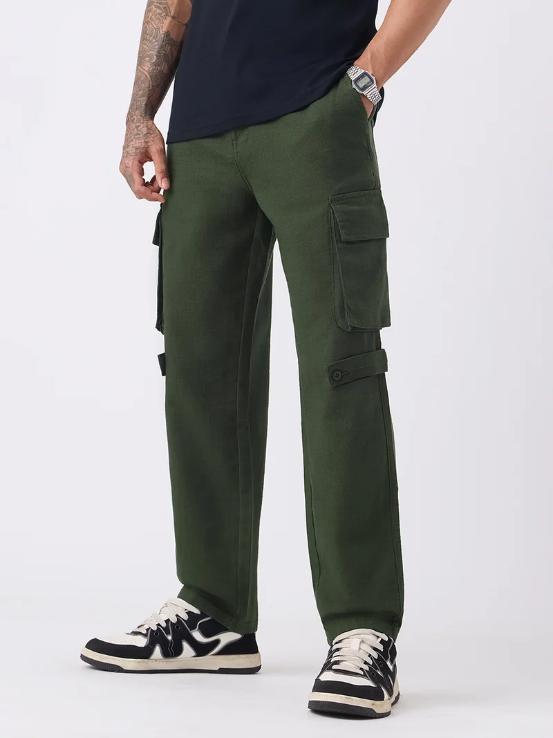 Utility Line: Textured Cargo Pants Men and Boys Buttoned Waistband Dark Olive Green Solid Cotton Spandex Straight Fit Durable Everyday Urban Casual Cargos