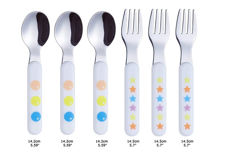 EXZACT Kids Flatware 6pcs Stainless Steel 18/10 Toddler Utensils Flatware- 3 x Forks, 3 x Spoons- BPA Free, Dishwasher Safe - 12 M+ - Stars & Dots - Image 2