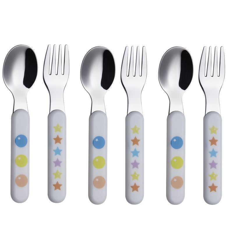 EXZACT Kids Flatware 6pcs Stainless Steel 18/10 Toddler Utensils Flatware- 3 x Forks, 3 x Spoons- BPA Free, Dishwasher Safe - 12 M+ - Stars & Dots - Image 1