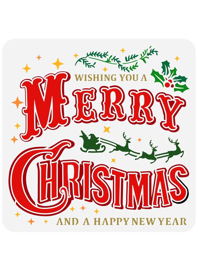 FINGERINSPIRE FINGERINSPIRE Merry Christmas Stencil 11.8x11.8 inch Christmas Decoration Painting Template Plastic Wishing You A Merry Christmas and A Happy New Year Words Stencil for Wood Walls DIY Christmas Decor  - Image 1