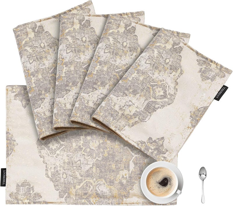 Loom and Mill Luxury Placemats Set of 4 Classic Damask Jacquard Table Place Mats for Dining Table Kitchen Room Holiday Banquet Decorations DoubleLayer Dining Table MatsBeige 4pcs 12x18in - Image 1