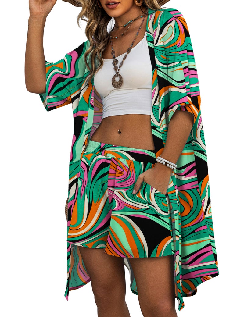 REDHOTYPE Womens Vacation Outfits Hawaiian Style 2 Piece Sets Colorful Print Long Cover Ups Half Sleeve Shorts Set Beach Dresses Colorful,L - Image 1