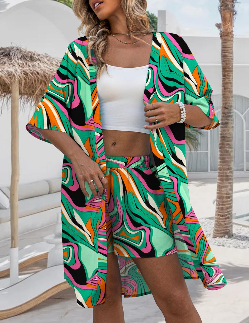 REDHOTYPE Womens Vacation Outfits Hawaiian Style 2 Piece Sets Colorful Print Long Cover Ups Half Sleeve Shorts Set Beach Dresses Colorful,L - Image 2