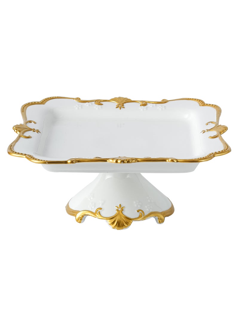 Life Smile LIFE SMILE White Cake Plate with Floral Gold Stand - Luxury Bone China Pastry & Dessert Server  - Image 1