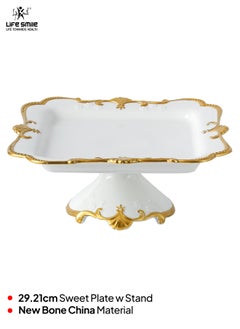 Life Smile LIFE SMILE White Cake Plate with Floral Gold Stand - Luxury Bone China Pastry & Dessert Server  - Image 2