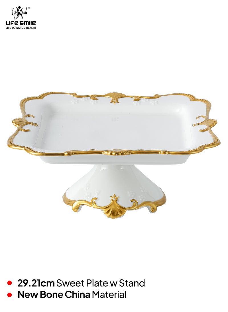 Life Smile LIFE SMILE White Cake Plate with Floral Gold Stand - Luxury Bone China Pastry & Dessert Server  - Image 2