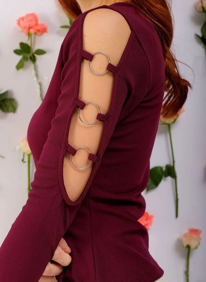 Freehand  Women Regular Fit Solid Round Neck Long Sleeve Cut Out Top  | Best Price UAE