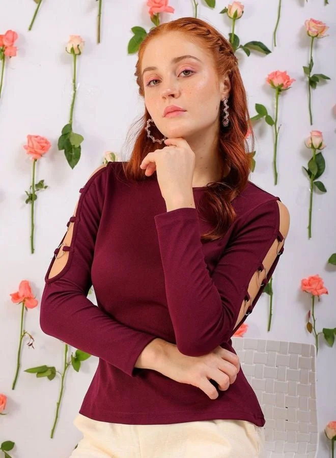 Freehand  Women Regular Fit Solid Round Neck Long Sleeve Cut Out Top  | Best Price UAE