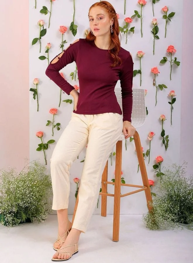 Freehand  Women Regular Fit Solid Round Neck Long Sleeve Cut Out Top  | Best Price UAE