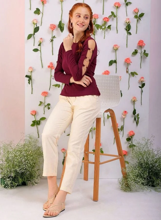 Freehand  Women Regular Fit Solid Round Neck Long Sleeve Cut Out Top  | Best Price UAE