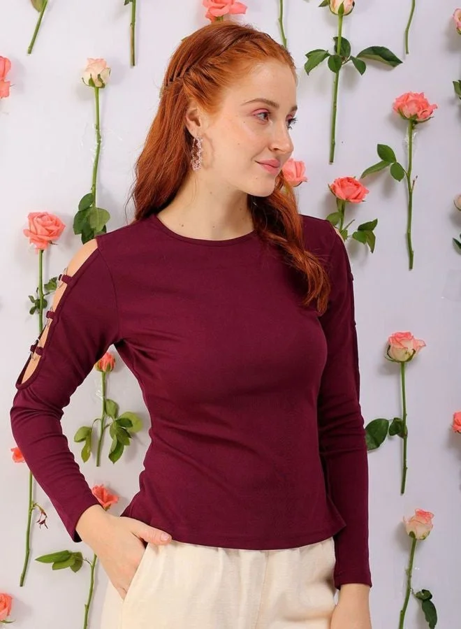 Women Regular Fit Solid Round Neck Long Sleeve Cut Out Top
