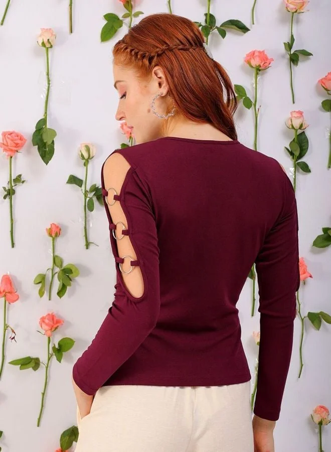 Freehand  Women Regular Fit Solid Round Neck Long Sleeve Cut Out Top  | Best Price UAE