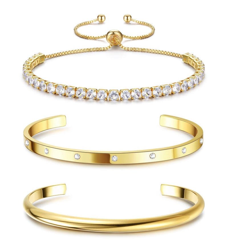 Fansilver 3PCS Gold Bracelets Set - 14K Gold Plated Link, Cuff, Bead Ball, Twisted Chunky Bangle Stackable Bracelets - Image 1