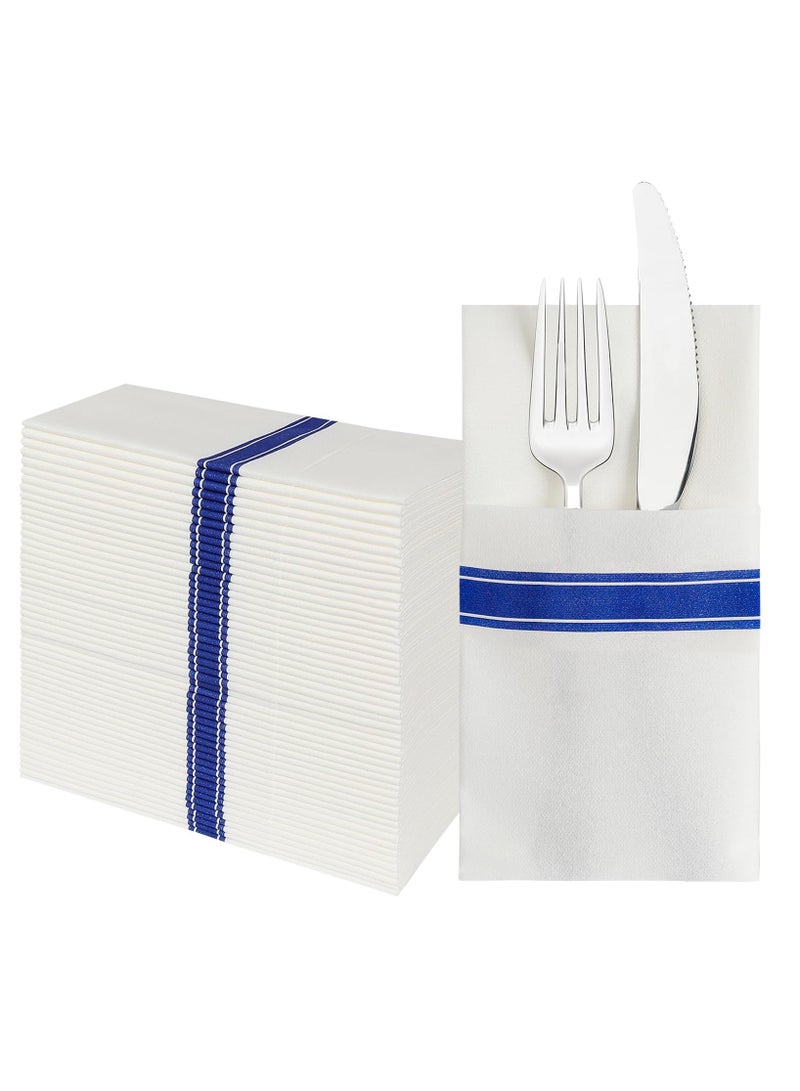 مناديل قماشية بيضاء مستطيلة الشكل بحدود زرقاء، 25 قطعة مناديل ورقية فاخرة، مناديل عشاء 40 سم × 40 سم يمكن التخلص منها، مناديل حفلات الزينة، مناسبة لحفلات الزفاف والعشاء والحفلات والمناسبات الراقية - Image 1