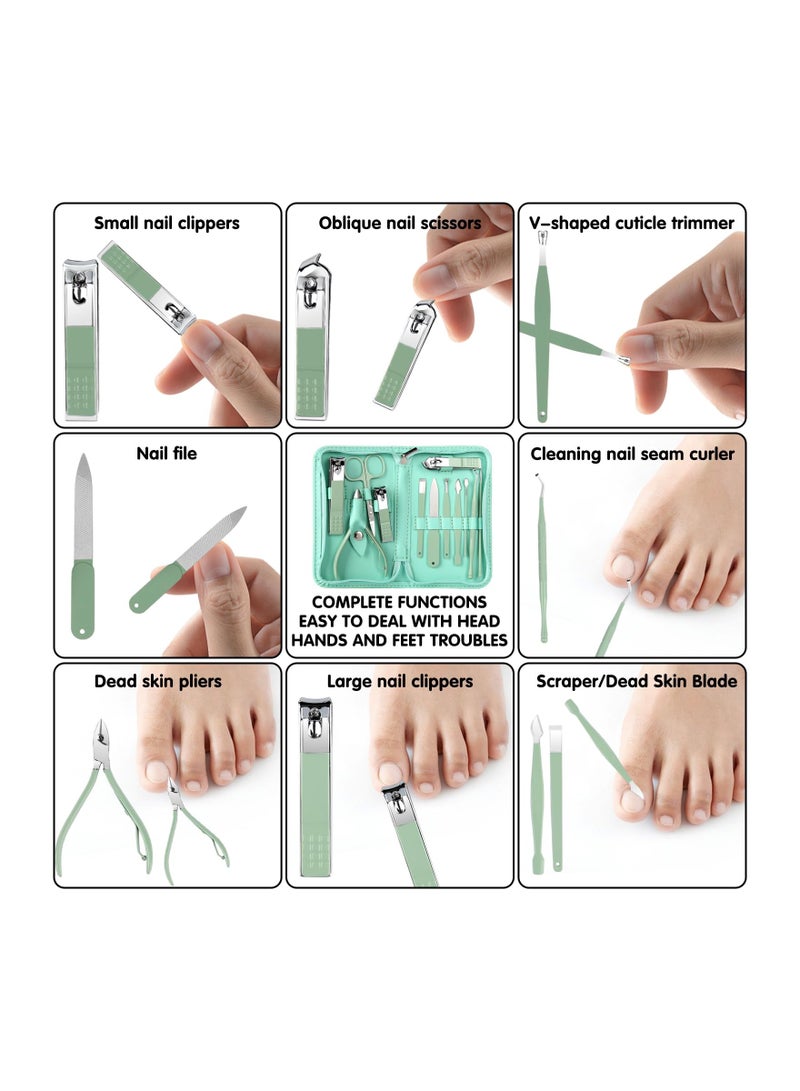 KASTWAVE Portable Manicure Set, Travel Mini Nail Clippers Kit Pedicure Care Tools, Professional Stainless Steel Manicure Kit Pedicure Kit with Case for Travel & Home, 12Pcs (Green) - Image 2