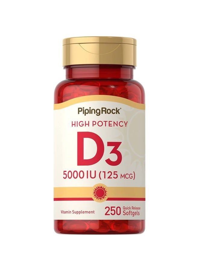 Piping Rock فيتامين د3 5000 وحدة دولية | 250 كبسولة لينة | مكمل عالي الفعالية | غير معدّل وراثيًا، خالي من الغلوتين - Image 1