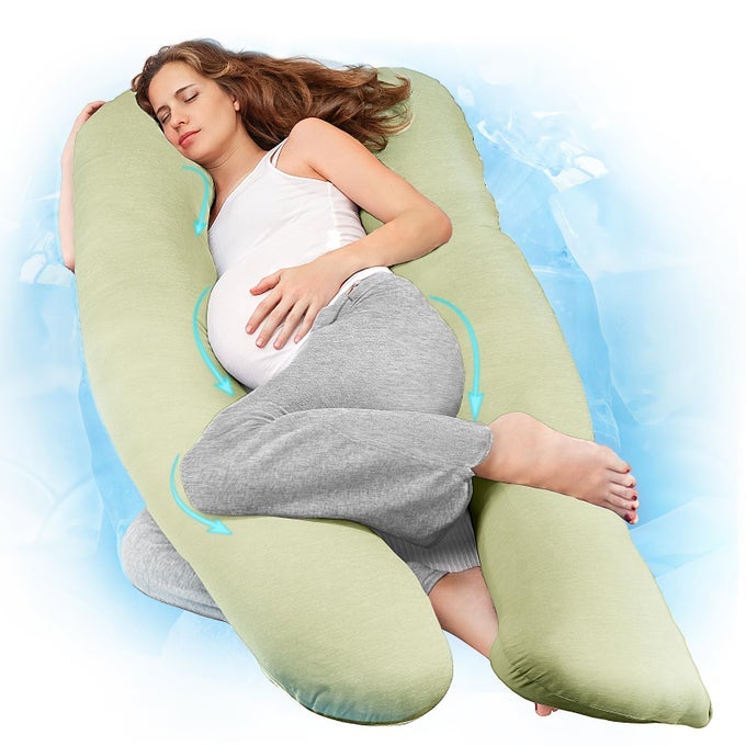 PREGNANCY PILLOW FOR SLEEPING U SHAPED FULL BODY PILLOW WITH WASHABLE COOLING FABRIC COVER MATERNITY PILLOW SUPPORT FOR BACK HIPS LEGS FOR PREGNANT WOMEN COOLING LIGHT GREEN