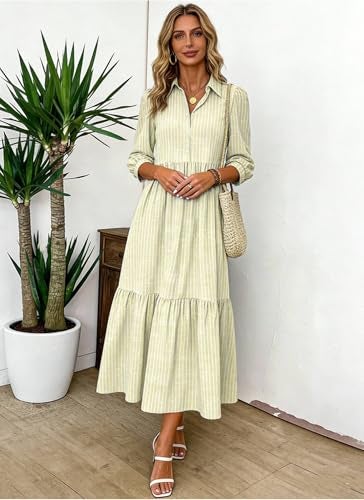 XNC Women's Striped Maxi Dresses 2026 Summer Fashion Collared Boho Dress Print 3/4 Sleeve Work Dress with Pockets - Image 2