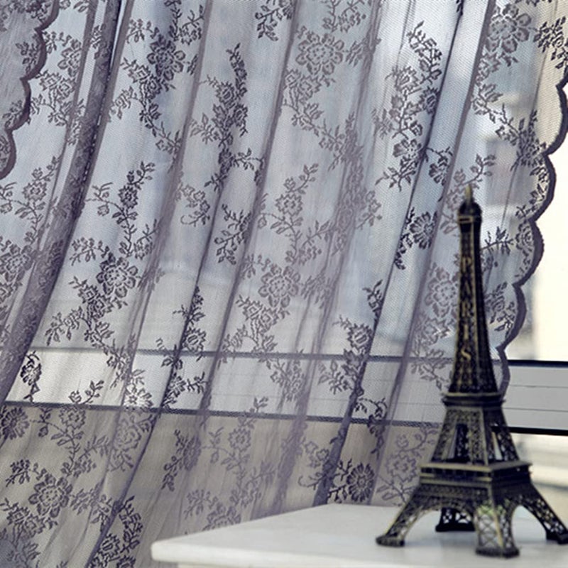 Deeprove Lace Curtains 84 Inches Long 2 Panels Set, Grey Sheer Florals Embroidery Vintage Voile Window Panel Treatment Pair Ruffled Decor Drape for Bedroom/Kitchen, Rod Pocket, Width 57" x Length 84" - Image 1