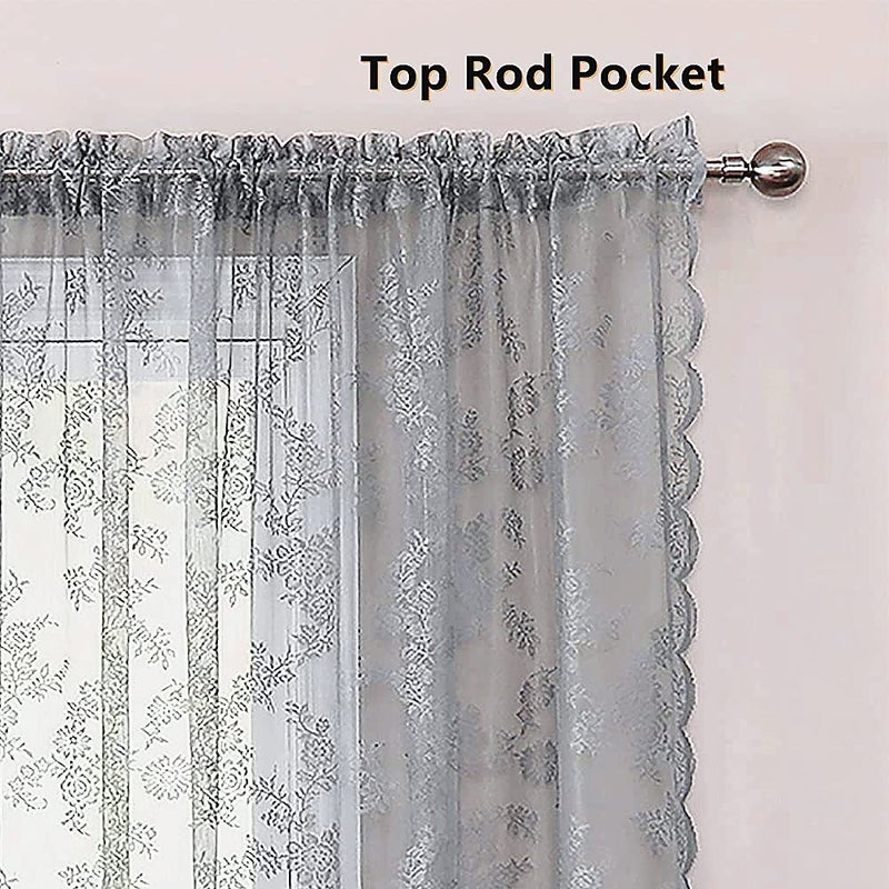 Deeprove Lace Curtains 84 Inches Long 2 Panels Set, Grey Sheer Florals Embroidery Vintage Voile Window Panel Treatment Pair Ruffled Decor Drape for Bedroom/Kitchen, Rod Pocket, Width 57" x Length 84" - Image 4