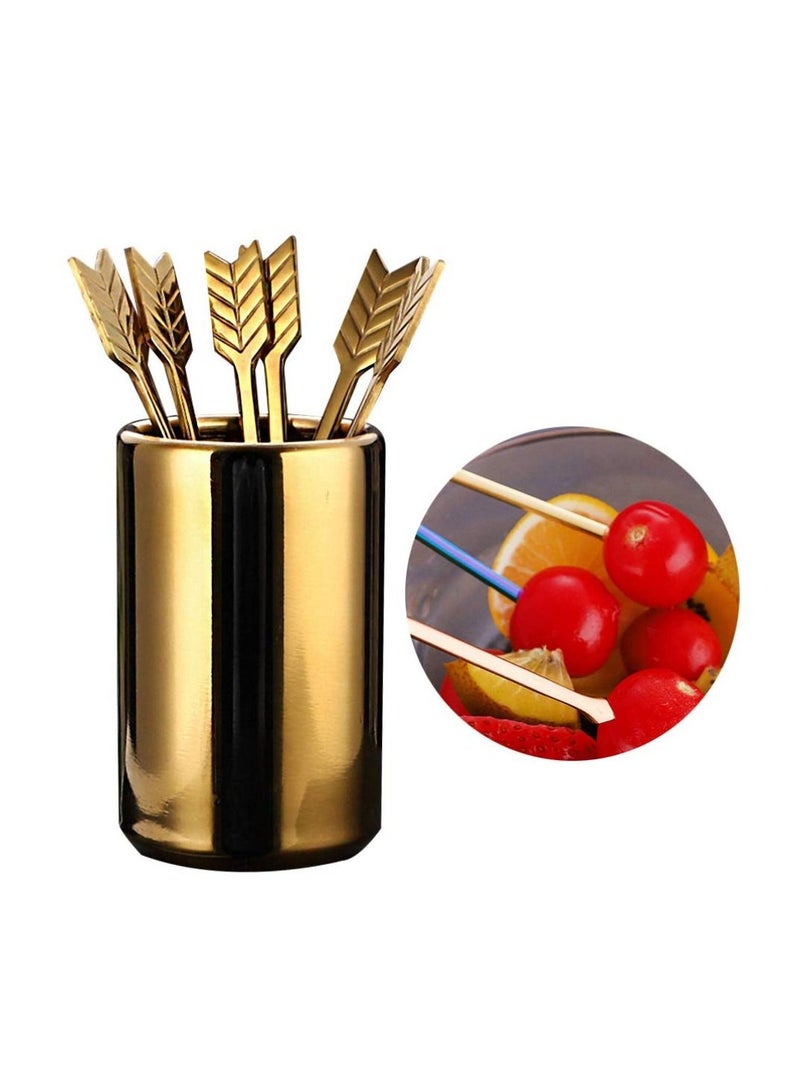 Y&D 5PCS Arrow Decor Cocktail Picks, Fruit Toothpicks Stainless Steel Forks Appetizer Skewers Dessert Picks with Storage Cylinder Reusable Sandwich Sticks for Party Decoration Supplies (Golden) - Image 2