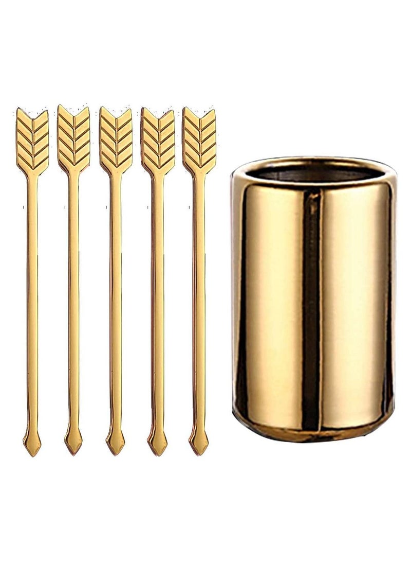 Y&D 5PCS Arrow Decor Cocktail Picks, Fruit Toothpicks Stainless Steel Forks Appetizer Skewers Dessert Picks with Storage Cylinder Reusable Sandwich Sticks for Party Decoration Supplies (Golden) - Image 1