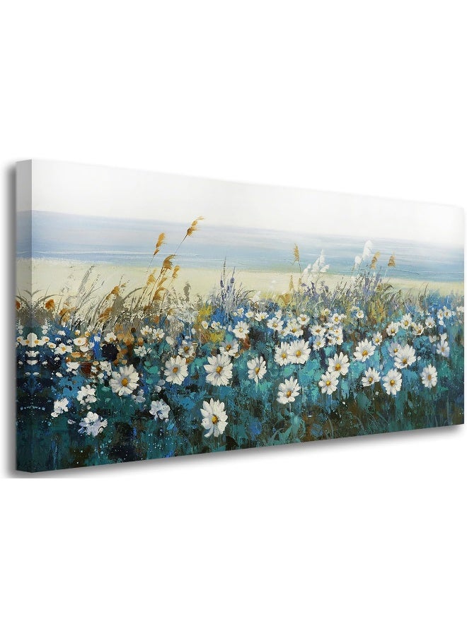 Arjun Flowers Wall Art Canvas White Daisy Floral Painting Blue Coastal Landscape Picture Modern Large Framed Artwork for Living Room Bedroom Bathroom Dinning Room Office Home Wall Decor Gifts, 40"x20" - Image 1