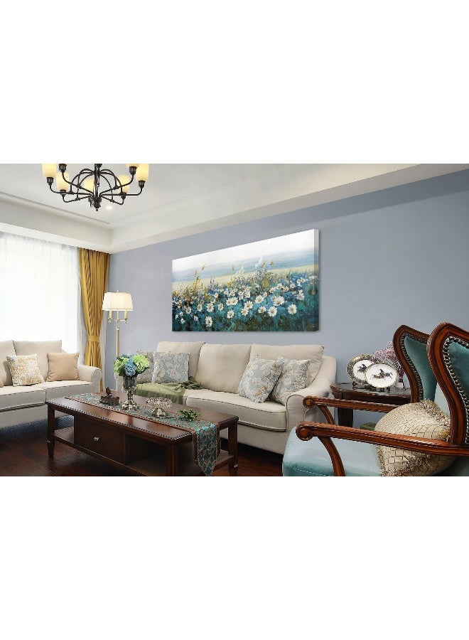 Arjun Flowers Wall Art Canvas White Daisy Floral Painting Blue Coastal Landscape Picture Modern Large Framed Artwork for Living Room Bedroom Bathroom Dinning Room Office Home Wall Decor Gifts, 40"x20" - Image 4