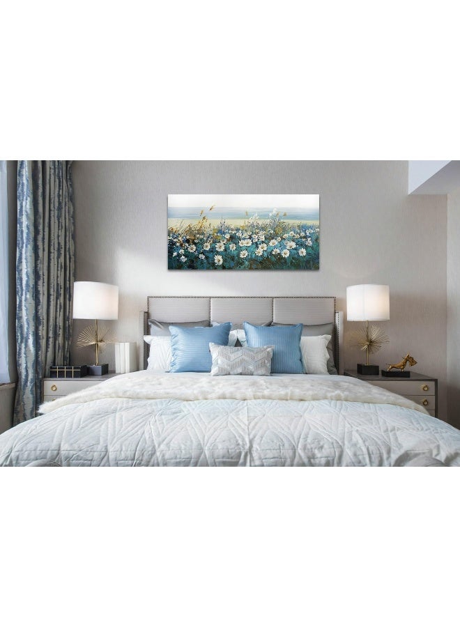 Arjun Flowers Wall Art Canvas White Daisy Floral Painting Blue Coastal Landscape Picture Modern Large Framed Artwork for Living Room Bedroom Bathroom Dinning Room Office Home Wall Decor Gifts, 40"x20" - Image 5