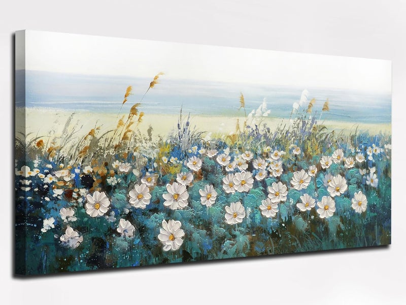 Arjun Flowers Wall Art Canvas White Daisy Floral Painting Blue Coastal Landscape Picture Modern Large Framed Artwork for Living Room Bedroom Bathroom Dinning Room Office Home Wall Decor Gifts, 40"x20" - Image 2