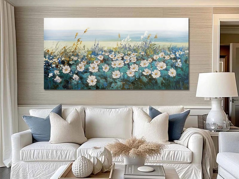 Arjun Flowers Wall Art Canvas White Daisy Floral Painting Blue Coastal Landscape Picture Modern Large Framed Artwork for Living Room Bedroom Bathroom Dinning Room Office Home Wall Decor Gifts, 40"x20" - Image 3