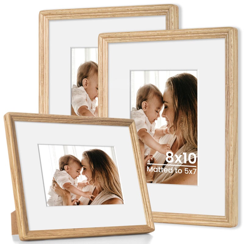 Axeman Axeman 8x10 Natural Solid Oak Wood Picture Frame with 5x7 Mat  Premium Rustic Wooden Photo Frames with Plexiglass  Poster Photo Frame Suitable for Gallery Wall Mount or Tabletop Display  3 Packs - Image 1