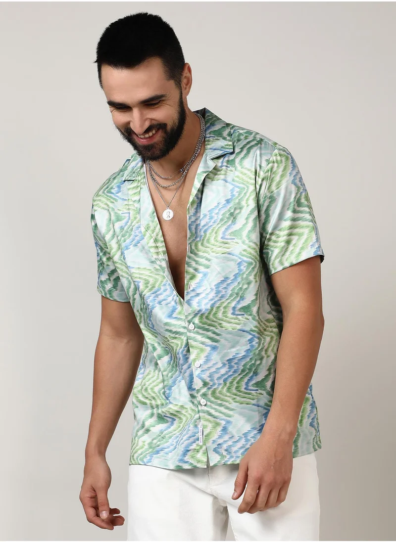 Campus Sutra Men's Grass Green & Navy Blue Ripple Shirt