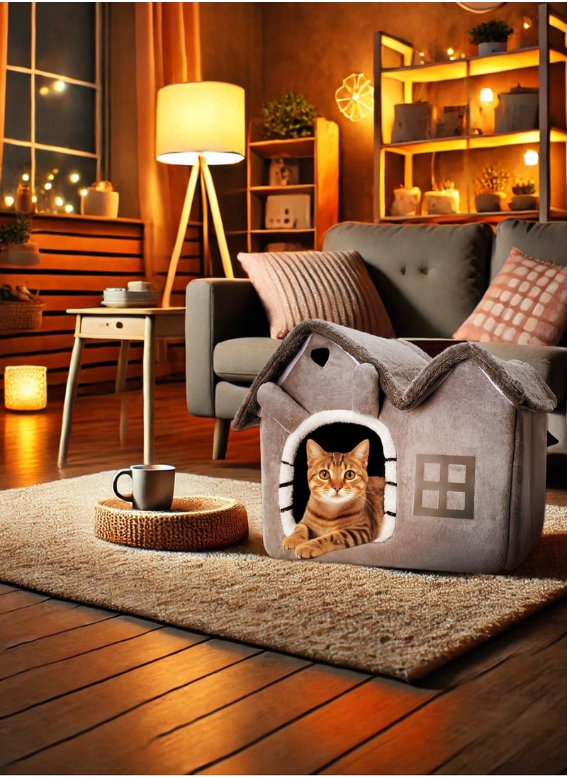 Generic - 1 pc double top cartoon shaped foldable Pet House cat house Luxury Double Roof Indoor Dog House Cat Nest,Foldable Warm Soft Kennel,30D High Elastic Memory Sponge,Removable Cushion and Non-Slip Bottom, easy to disassemble pet bed suitable for small and medium-sized cats and dogs to sleep in  Gray Dual-top Detachable Washable Pet House, Cat And  Dog Bed For Sleeping Use - Image 1