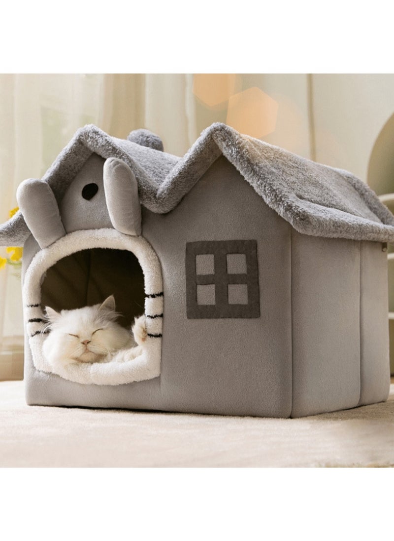 Generic - 1 pc double top cartoon shaped foldable Pet House cat house Luxury Double Roof Indoor Dog House Cat Nest,Foldable Warm Soft Kennel,30D High Elastic Memory Sponge,Removable Cushion and Non-Slip Bottom, easy to disassemble pet bed suitable for small and medium-sized cats and dogs to sleep in  Gray Dual-top Detachable Washable Pet House, Cat And  Dog Bed For Sleeping Use - Image 1