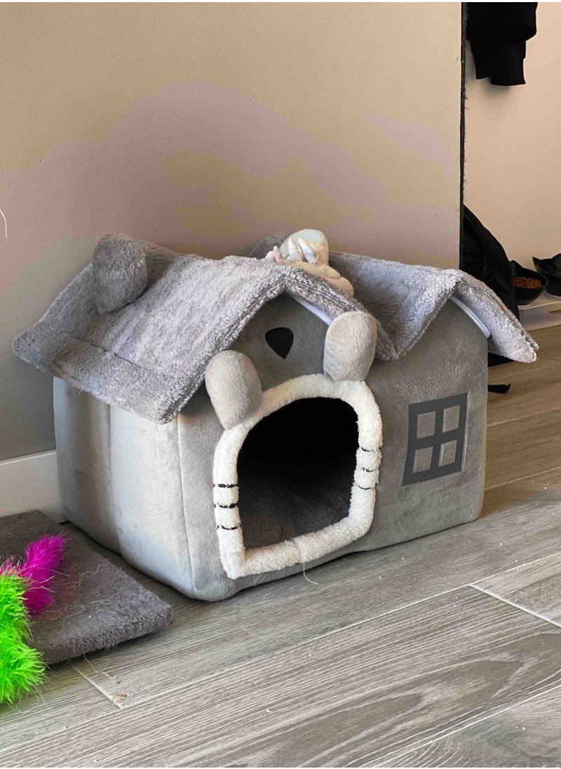 Generic - 1 pc double top cartoon shaped foldable Pet House cat house Luxury Double Roof Indoor Dog House Cat Nest,Foldable Warm Soft Kennel,30D High Elastic Memory Sponge,Removable Cushion and Non-Slip Bottom, easy to disassemble pet bed suitable for small and medium-sized cats and dogs to sleep in  Gray Dual-top Detachable Washable Pet House, Cat And  Dog Bed For Sleeping Use - Image 1