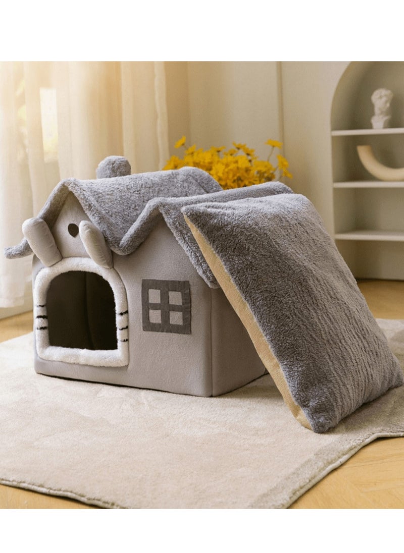 Generic - 1 pc double top cartoon shaped foldable Pet House cat house Luxury Double Roof Indoor Dog House Cat Nest,Foldable Warm Soft Kennel,30D High Elastic Memory Sponge,Removable Cushion and Non-Slip Bottom, easy to disassemble pet bed suitable for small and medium-sized cats and dogs to sleep in  Gray Dual-top Detachable Washable Pet House, Cat And  Dog Bed For Sleeping Use - Image 1