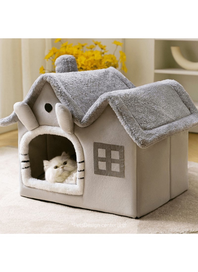Generic - 1 pc double top cartoon shaped foldable Pet House cat house Luxury Double Roof Indoor Dog House Cat Nest,Foldable Warm Soft Kennel,30D High Elastic Memory Sponge,Removable Cushion and Non-Slip Bottom, easy to disassemble pet bed suitable for small and medium-sized cats and dogs to sleep in  Gray Dual-top Detachable Washable Pet House, Cat And  Dog Bed For Sleeping Use - Image 1