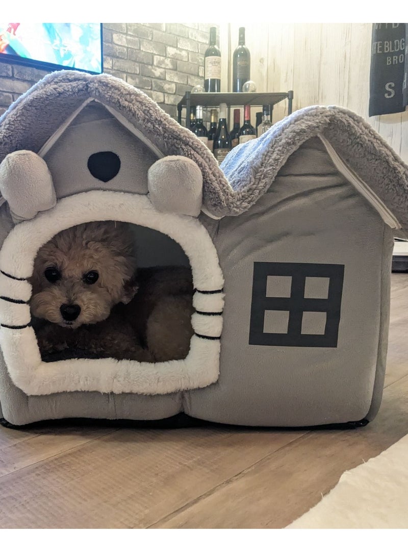 Generic - 1 pc double top cartoon shaped foldable Pet House cat house Luxury Double Roof Indoor Dog House Cat Nest,Foldable Warm Soft Kennel,30D High Elastic Memory Sponge,Removable Cushion and Non-Slip Bottom, easy to disassemble pet bed suitable for small and medium-sized cats and dogs to sleep in  Gray Dual-top Detachable Washable Pet House, Cat And  Dog Bed For Sleeping Use - Image 1