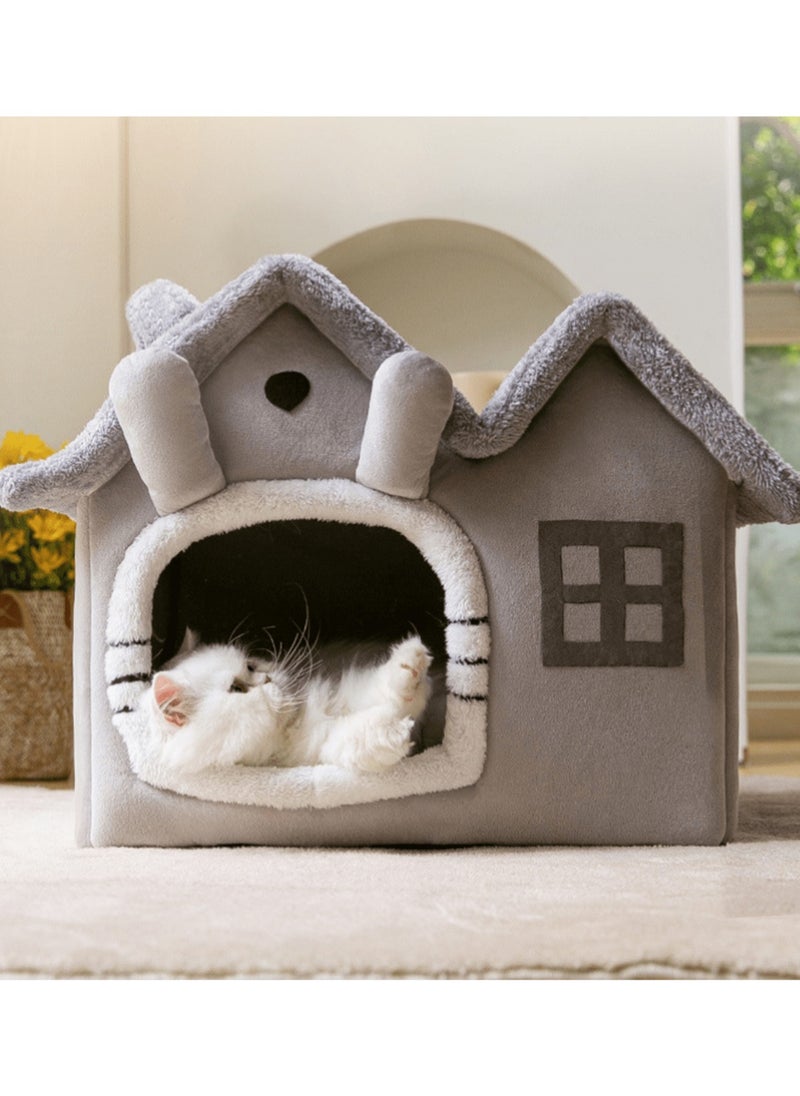 Generic - 1 pc double top cartoon shaped foldable Pet House cat house Luxury Double Roof Indoor Dog House Cat Nest,Foldable Warm Soft Kennel,30D High Elastic Memory Sponge,Removable Cushion and Non-Slip Bottom, easy to disassemble pet bed suitable for small and medium-sized cats and dogs to sleep in  Gray Dual-top Detachable Washable Pet House, Cat And  Dog Bed For Sleeping Use - Image 1