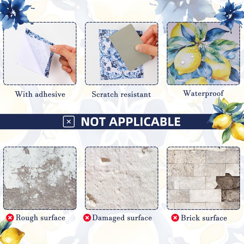 Faccito 24 Pcs Lemon Tile Stickers 4x4 Inch Watercolor Mediterranean Lemon Summer Peel and Stick Removable Self Adhesive PVC Waterproof Tile Stickers Amalfi Coast Decor for Kitchen Bathroom Backsplash - Image 3