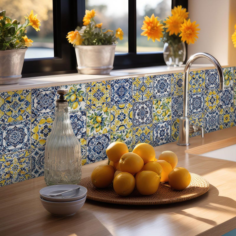 Faccito 24 Pcs Lemon Tile Stickers 4x4 Inch Watercolor Mediterranean Lemon Summer Peel and Stick Removable Self Adhesive PVC Waterproof Tile Stickers Amalfi Coast Decor for Kitchen Bathroom Backsplash - Image 5
