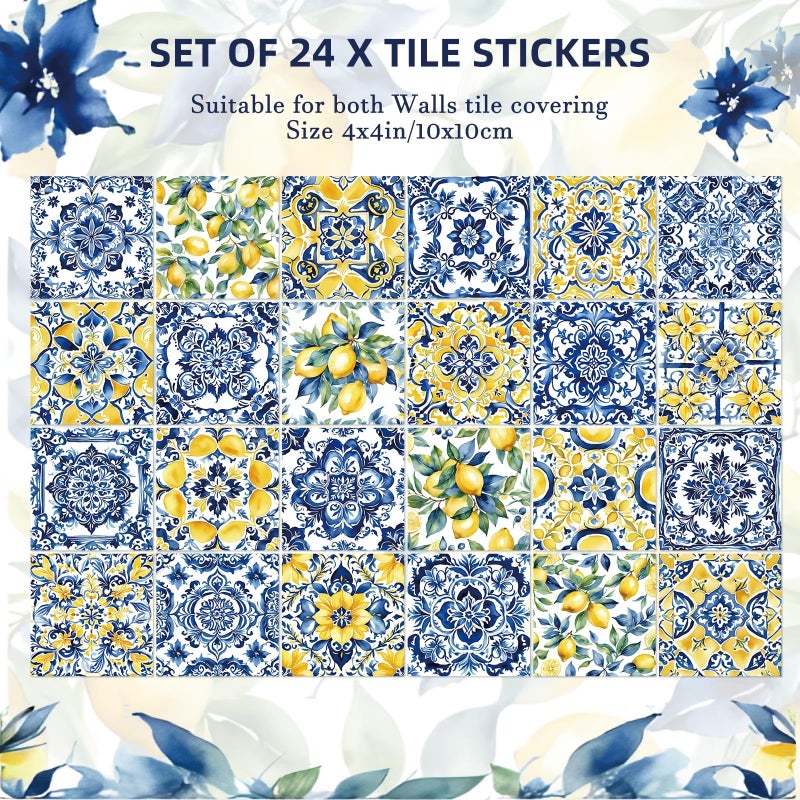 Faccito 24 Pcs Lemon Tile Stickers 4x4 Inch Watercolor Mediterranean Lemon Summer Peel and Stick Removable Self Adhesive PVC Waterproof Tile Stickers Amalfi Coast Decor for Kitchen Bathroom Backsplash - Image 2