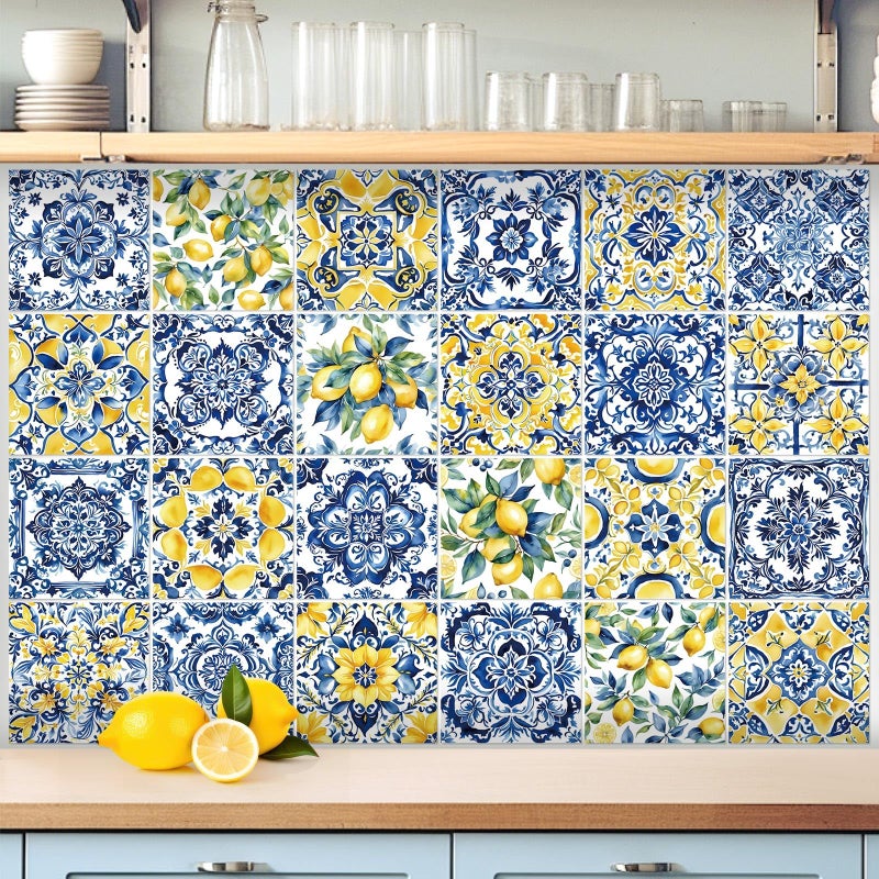 Faccito 24 Pcs Lemon Tile Stickers 4x4 Inch Watercolor Mediterranean Lemon Summer Peel and Stick Removable Self Adhesive PVC Waterproof Tile Stickers Amalfi Coast Decor for Kitchen Bathroom Backsplash - Image 1
